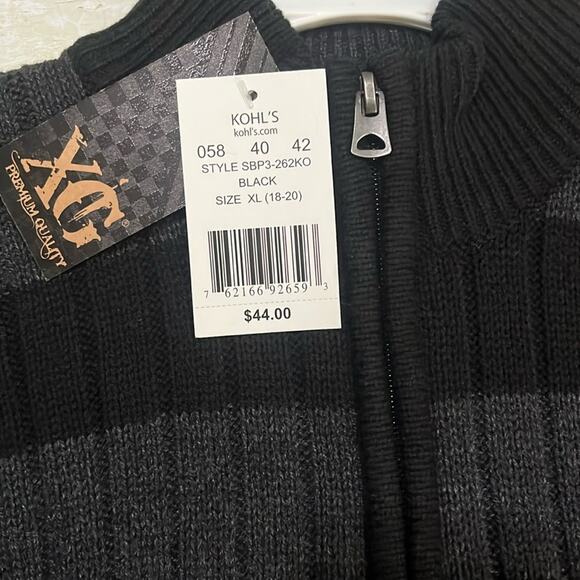 XG Premium Knit Sweater Boys XL 18-20 1/4 Zip Mock Neck Black Grey Striped - Picture 3 of 5
